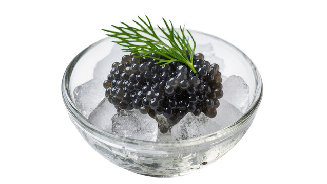 Black caviar in glass bowl with ice and dill sprig