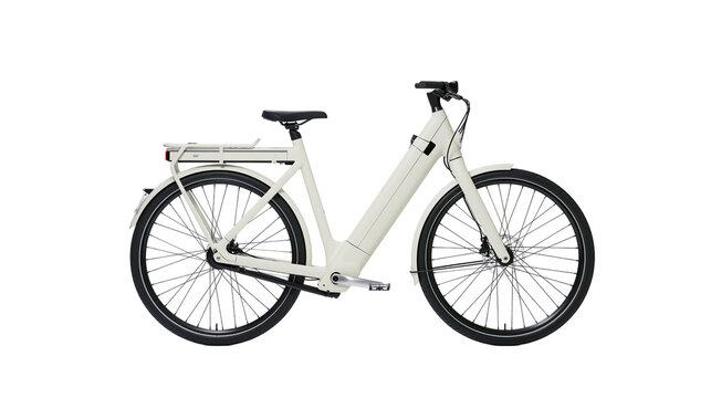 Cream electric bicycle with rear rack and fenders