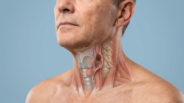 3D Anatomical Visualization of the Human Throat and Neck showing Larynx, Trachea, and Cervical Spine in an Older Adult Male