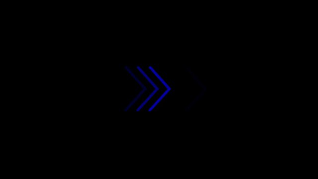 Glowing blue triple chevron arrow isolated on a dark black background for digital interface