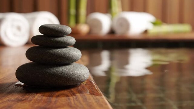 Water surface with stacked stones, soft lighting and clean space