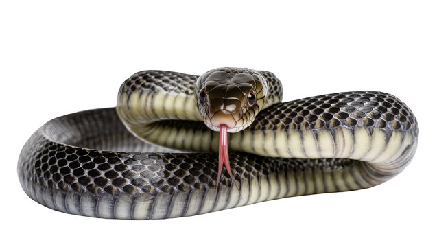 Black and tan snake coiled with tongue flicking