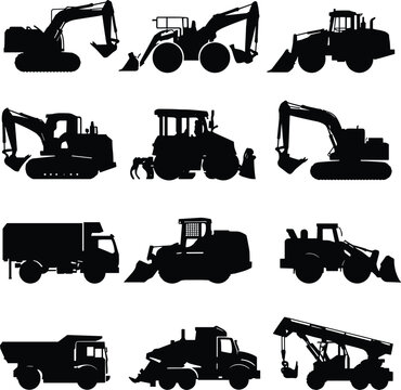 Construction Machinery Silhouette Illustrations Featuring Excavators, Loaders, Dump Trucks and Heavy Equipment Vehicles