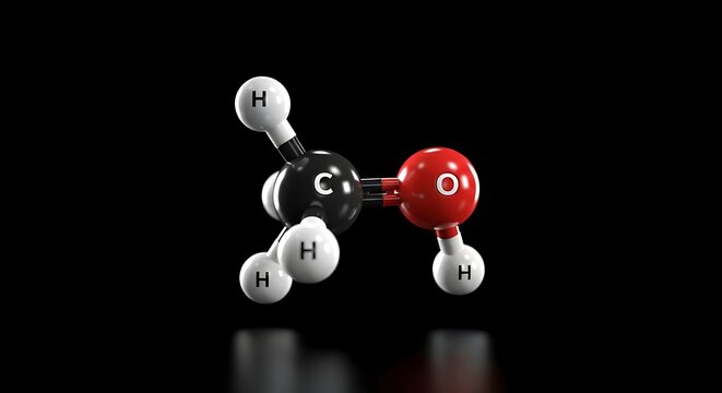 A 3D molecular model of an organic compound on a black background