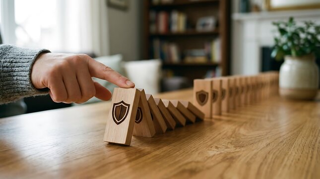 A human hand pushing a wooden domino block with a shield causing a chain reaction on a wooden table in a blurred home office environment