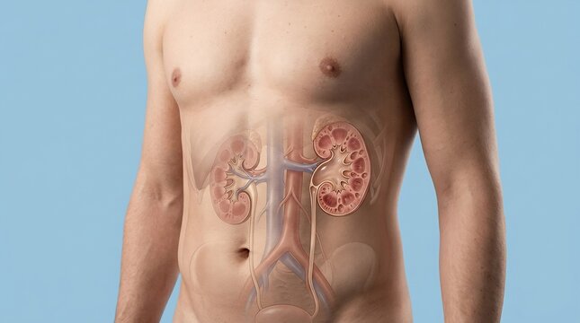 3D Medical Illustration of Human Male Torso Showing Transparent Anatomy of Kidneys and Urinary System
