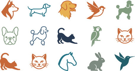 Obraz premium Animal Silhouette Icon Set with Dog, Cat, Bird, Horse, Rabbit, Parrot, and Pet Logo Design Elements