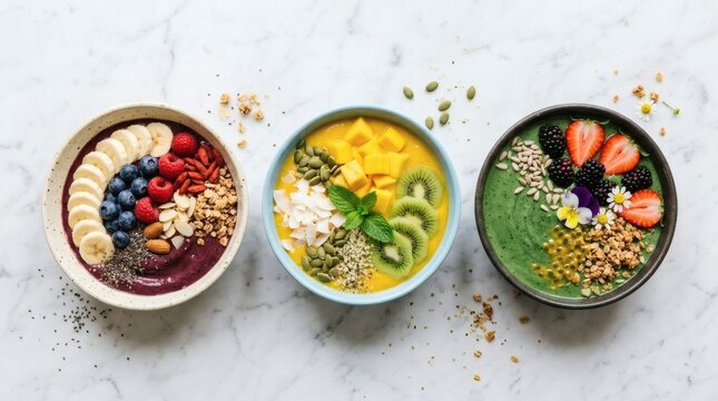 Overhead view of colorful smoothie bowls with fruits and toppings