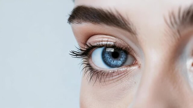 Detailed close-up of a stunning blue eye with dark eyelashes and a groomed eyebrow. The image focuses on the intricate textures and captivating coloration, set against a soft background.