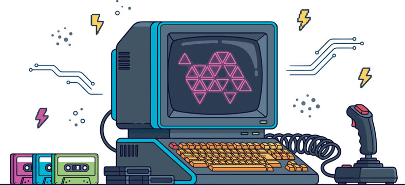 Retro 80s gaming computer setup with classic monitor built in keyboard vintage joystick neon screen graphics and audio cassettes vector flat illustration