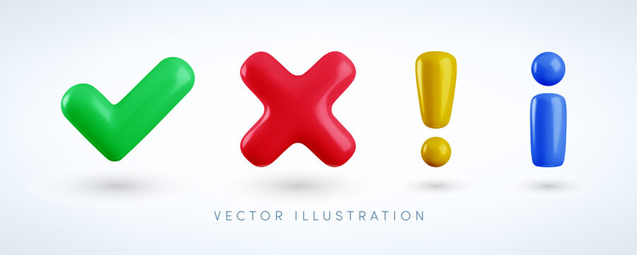 Vector 3d accept, reject, attention and info signs set. Realistic render of glossy yes tick, no X cross, exclamation mark, information icon. Right, wrong, warning, FAQ notification symbols collection.
