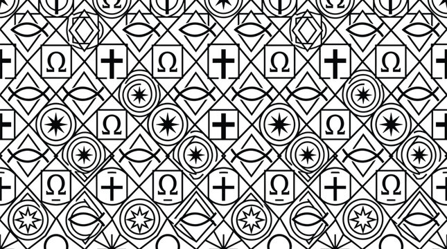 Geometric Religious Symbol Seamless Pattern with Crosses, Ichthys Fish, Omega Signs, Sacred Emblems, and Monochrome Decorative Background