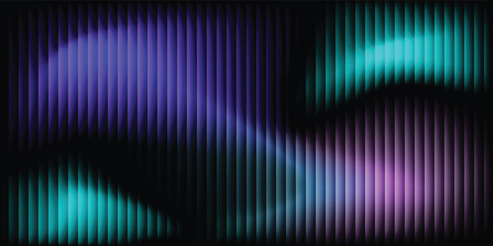 Abstract neon geometric background with vertical parallel stripe bars and colorful fluid wavy gradient lighting effect for presentation banner.