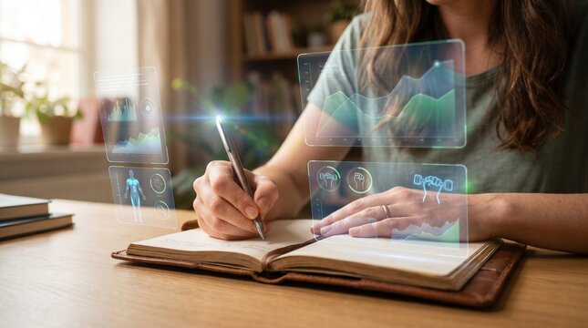 Hands Writing With Floating Holographic Health Metrics