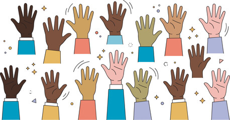 Fototapeta premium Many diverse multicultural hands raised up in the air celebrating community unity volunteer teamwork inclusion and democracy vector flat illustration on white background