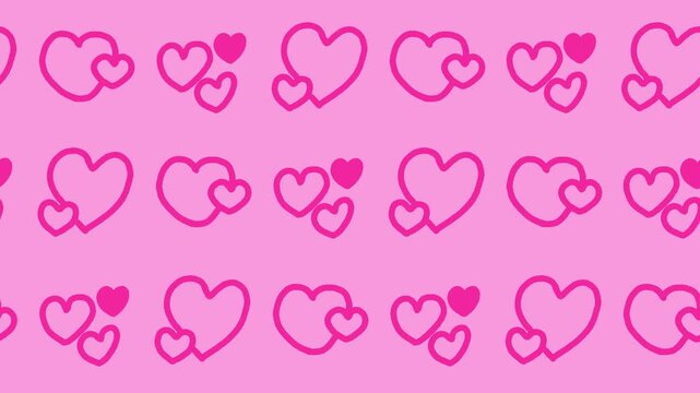 Seamless pattern of hand-drawn pink love hearts clustered on a vibrant pink background animation for romantic Valentine Day wallpaper.