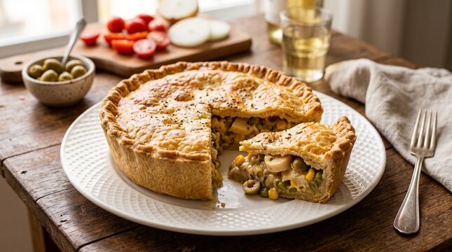 Commercial close-up food photography of a classic baked Brazilian hearts of palm pie (Empad&atilde;o de Palmito) with a missing slice on a white textured plate &ndash; premium culinary branding, gourmet bakery men