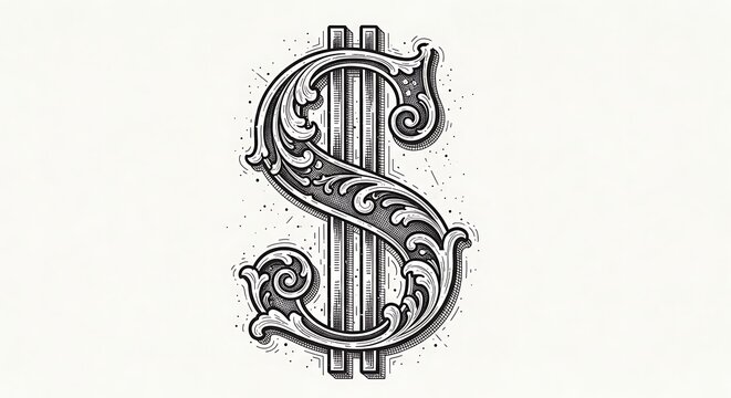 A black and white illustration of a decorative dollar sign