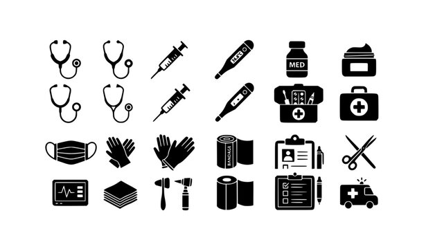 Modern medical accessories icon pack with healthcare symbols