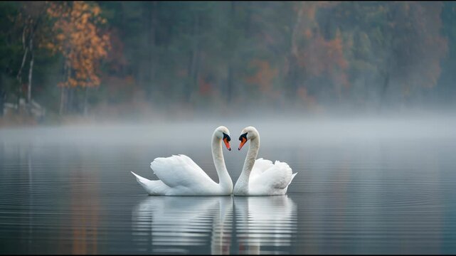 Two graceful swans forming a heart shape on a misty lake at dawn.