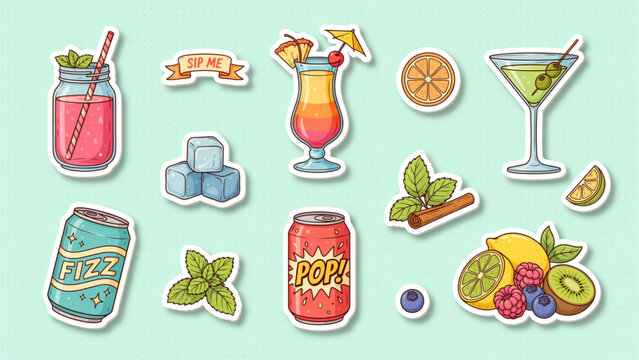 Colorful set of illustrated easter eggs, bunnies, and drinks with festive decorations