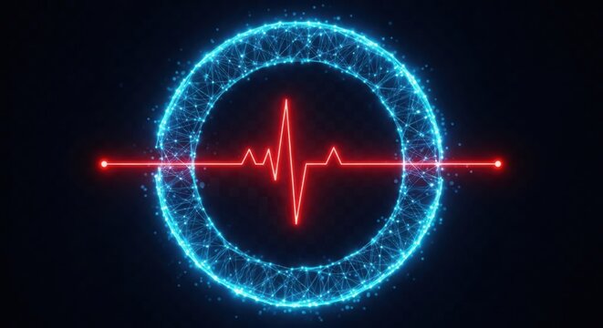Red heart beat line inside a glowing blue digital circle illustration