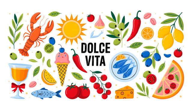 Colorful fresh vegetables and fruits arranged in a playful pattern with food icons