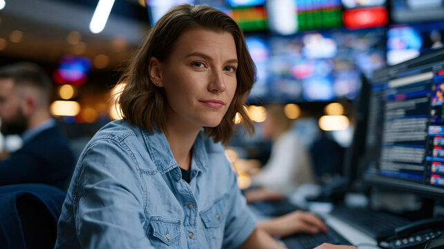 Busy open-plan newsroom where a journalist edits copy beside an AI writing terminal generating breaking financial summaries, editors reviewing automated paragraphs for accuracy while wire feeds scro