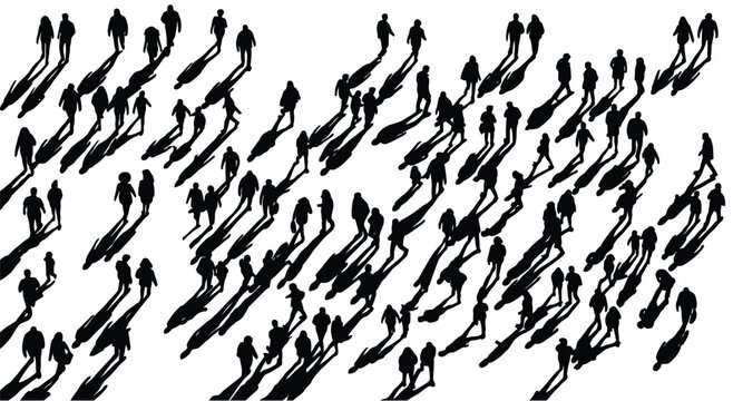 A top-down bird's-eye view of a diverse crowd of people walking in different directions .eps