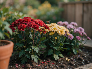 Naklejka premium Vibrant garden flowers in red yellow and purple with a bee flying overhead naturally