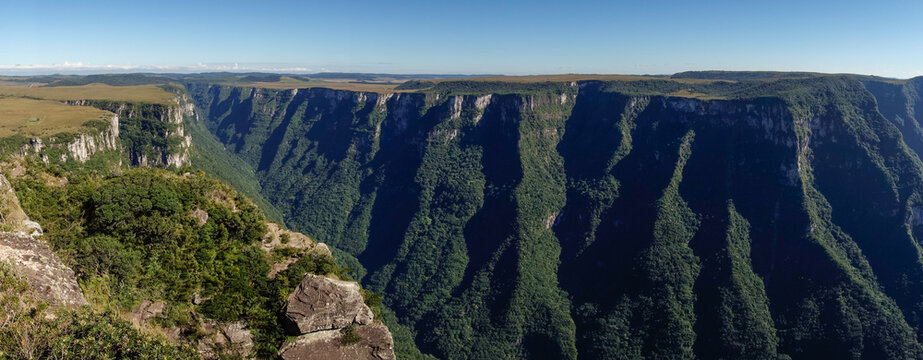wide view of immense walls of Fortaleza canyon in Cambara do Sul, RS, Brazil. Panoramic