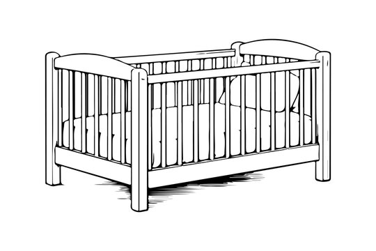 Simple hand drawn newborn baby bassinet sketch, engraved infant child crib bed illustration cot bedding clip art.