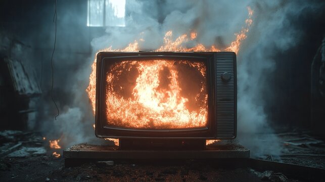 Burning Vintage Television in Smoke