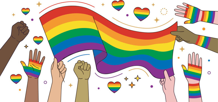 Diverse hands holding waving rainbow flag with hearts and raised fists celebrating lgbtq pride month community equality and love vector illustration