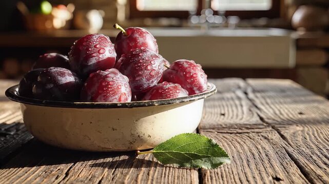 Close up fresh fruit in bowl on rustic table top