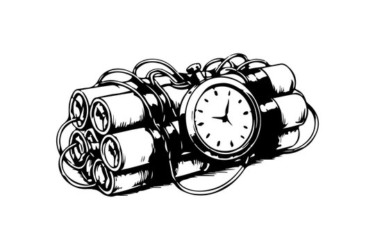 Simple hand drawn bomb detonator with timer sketch, engraved explosive dynamite illustration.