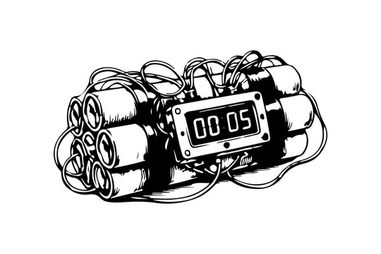 Simple hand drawn bomb detonator with timer sketch, engraved explosive dynamite illustration.