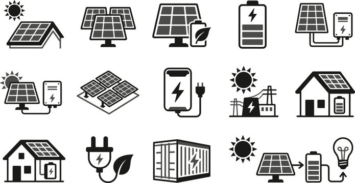 Solar energy icon set featuring panels batteries smart home power grids and electric plugs for renewable alternative clean electricity commercial concept