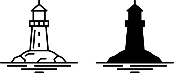Obraz premium Lighthouse icon set, vector illustration of a beacon on a rocky island