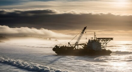 Obraz premium Industrial ship with crane installing underwater pipeline on the sea. Oil and gas industry infrastructure construction. Energy production concept.