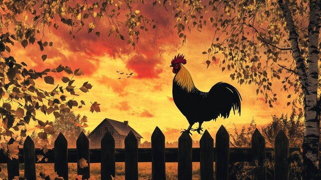 Rooster on Fence at Sunrise, Autumn Scene, Rural Setting, Peaceful Morning
