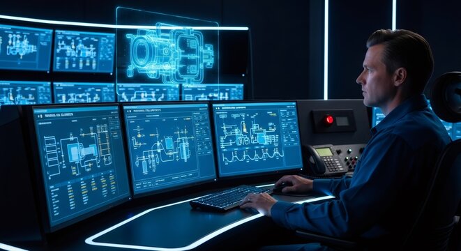 Man controlling complex oil and gas pipeline system from a control room, monitoring operation processes on multiple screens.