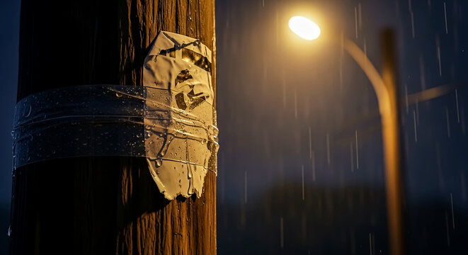 Mysterious Masked Figure Attached to Pole in Rainy Night