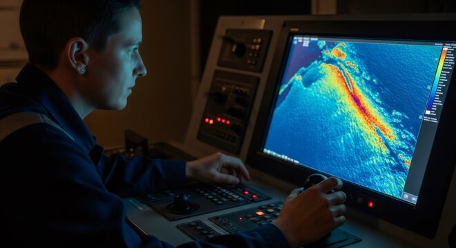 Female operator monitoring sonar screen showing underwater terrain. Marine geophysicist using multibeam echo sounder for offshore survey. Underwater pipeline construction concept.