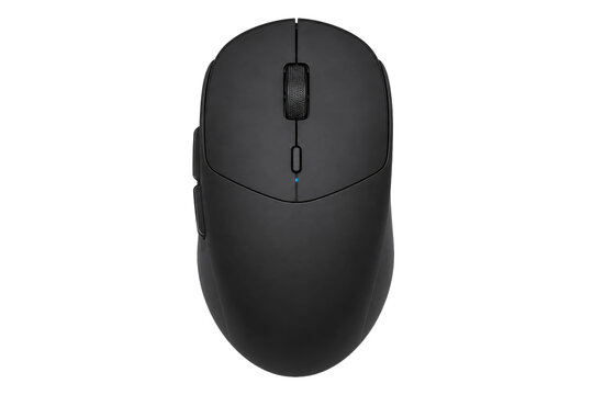 Modern black wireless computer mouse with scroll wheel and side buttons on a white background