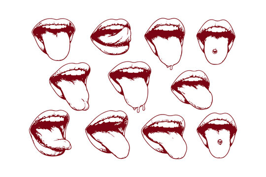 Simple hand drawn different open mouth with tongue sketch set, engraved licking provocative gesture illustration clip art.