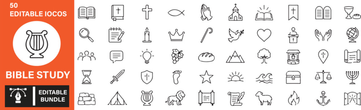 Bible Study Icons Set &ndash; 50 Christian Faith, Scripture Reading, Prayer, Church and Religious Outline Vector Icons Bundle