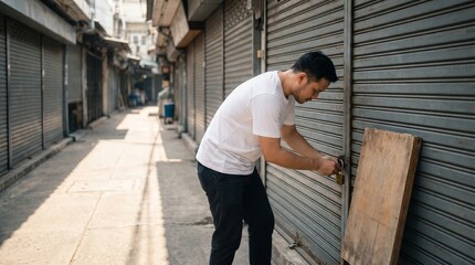 Fototapeta premium Thai Vendor Locking Shop On Pratunam Soi 21