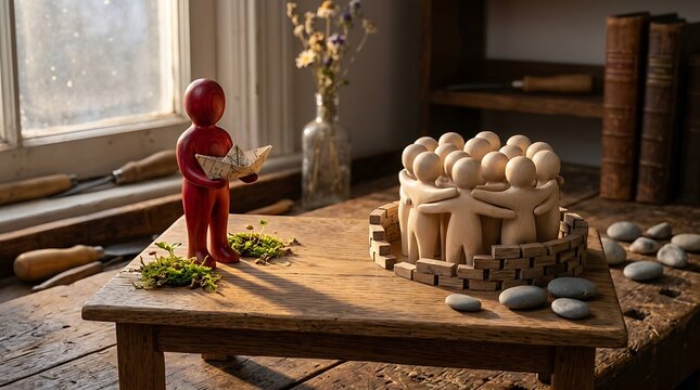 A red wooden figurine holding a paper boat standing near a circle of wooden people figures enclosed by a miniature brick wall on a rustic table