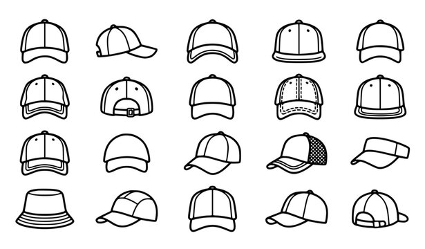 Baseball Cap and Hat Icon Set: Minimalist Vector Collection for Fashion and Apparel Branding